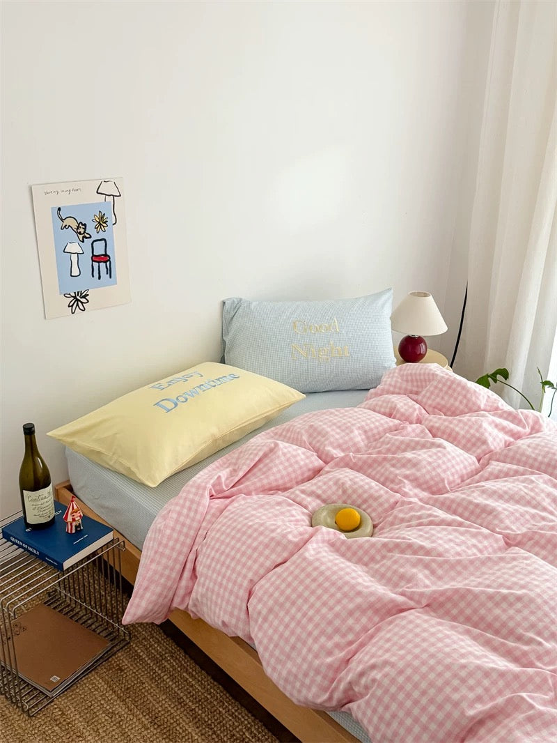 Pastel Creamy Pink Gingham Bedding Set