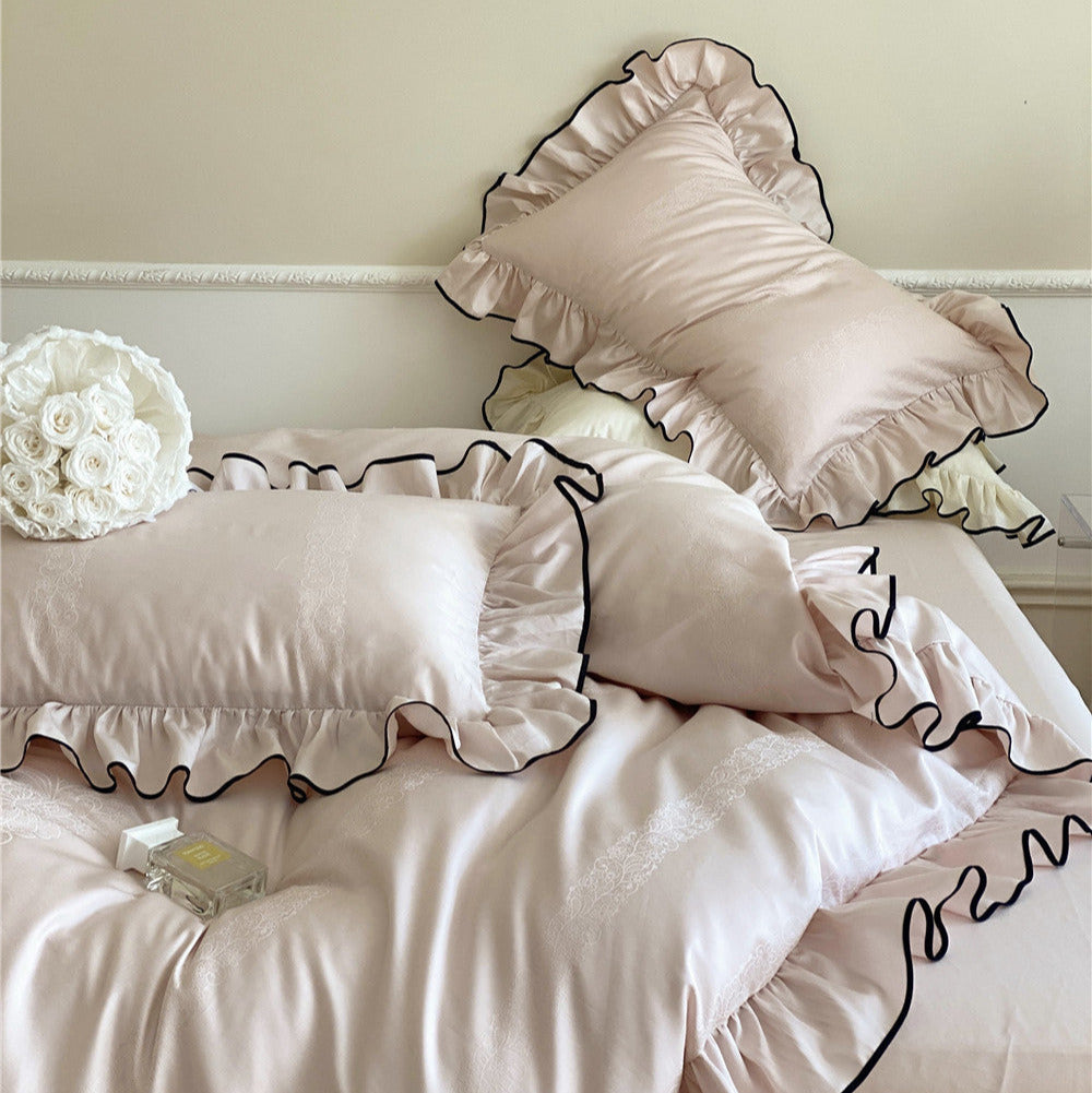 Satin Ruffle Bedding Set – 100s Cotton with Black Trim