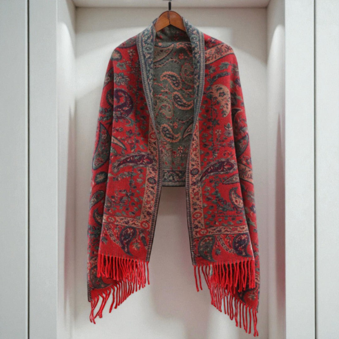 Paisley Elegance Winter Poncho Shawl Ruby Paisley