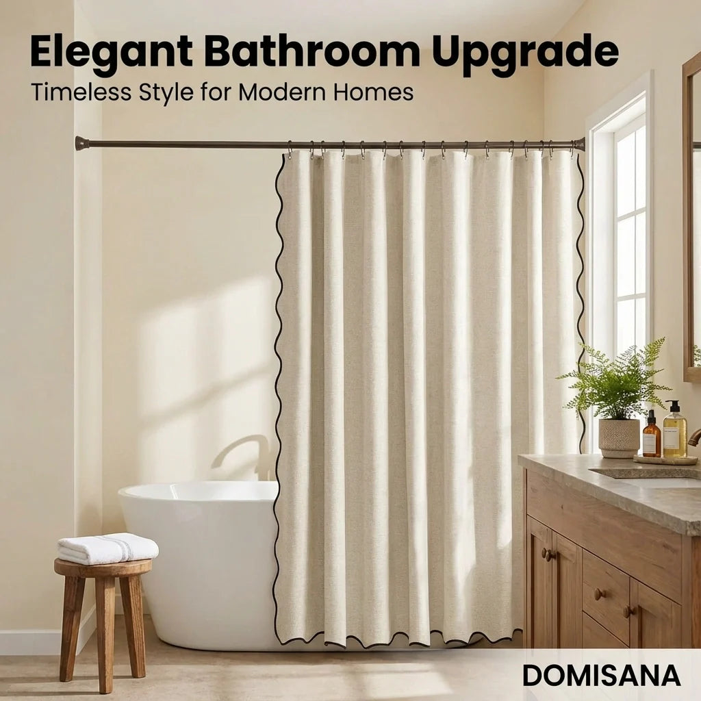 Scalloped Linen Bathroom Shower Curtain