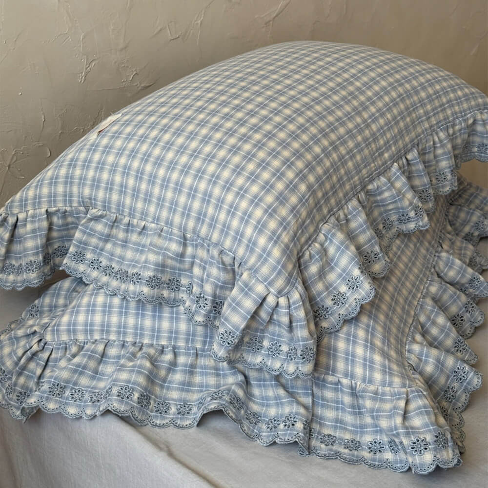 Dusty Blue Plaid Bedding Set – Cotton Muslin with Ruffle