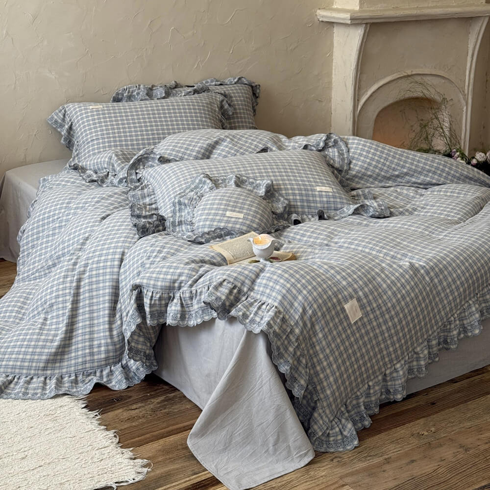 Dusty Blue Plaid Bedding Set – Cotton Muslin with Ruffle