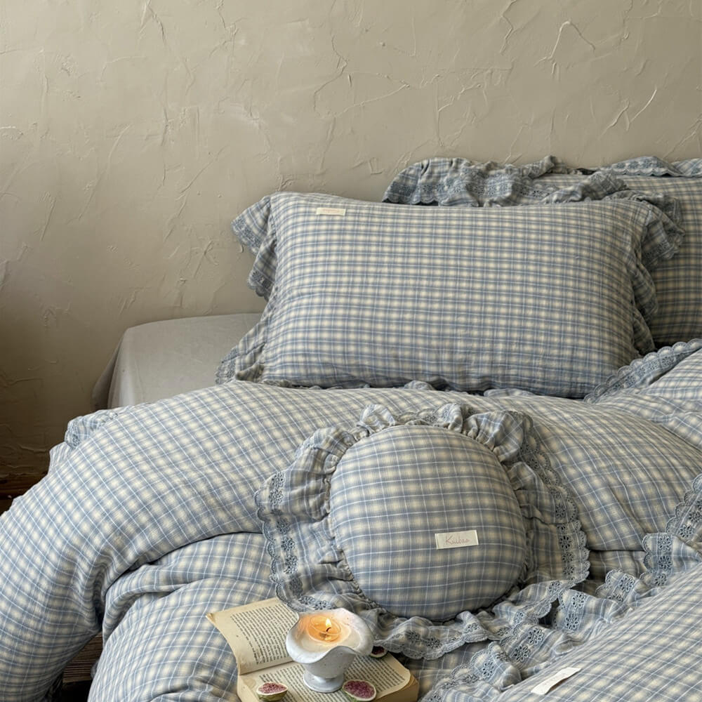 Dusty Blue Plaid Bedding Set – Cotton Muslin with Ruffle
