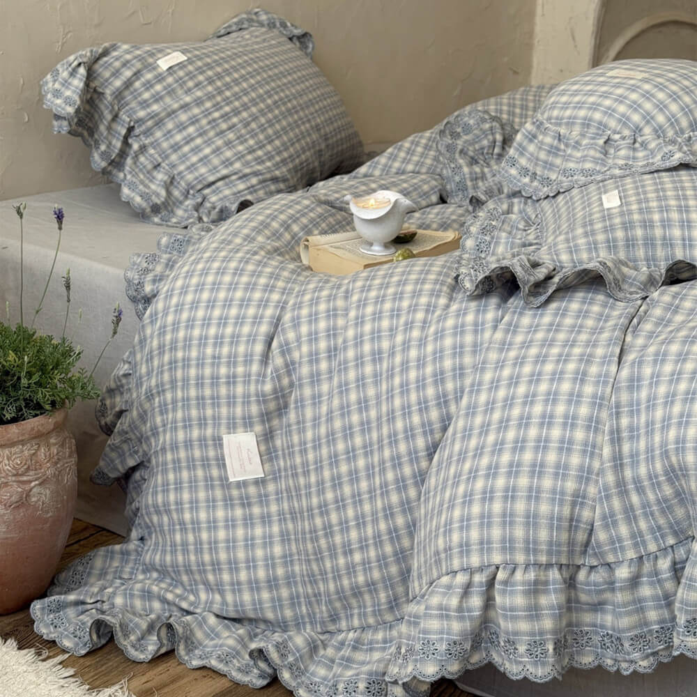 Dusty Blue Plaid Bedding Set – Cotton Muslin with Ruffle