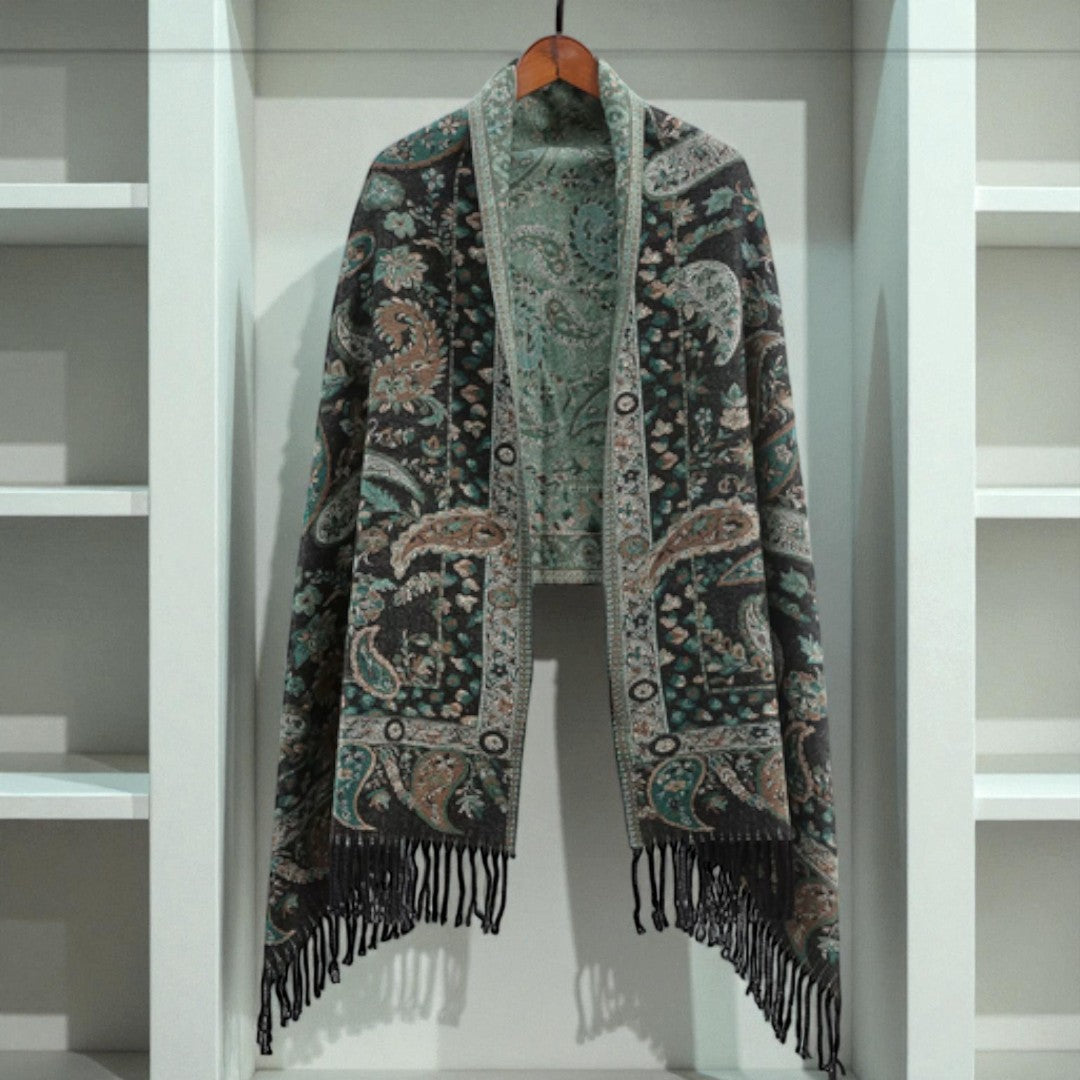 Paisley Elegance Winter Poncho Shawl Teal Heritage
