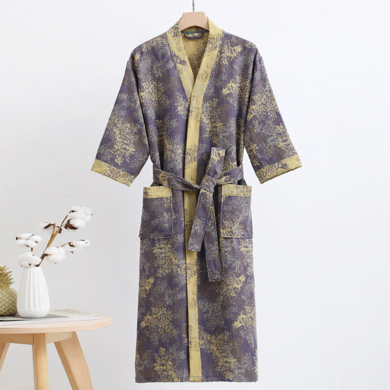 Floral Cotton Kimono Bathrobe Purple Gold