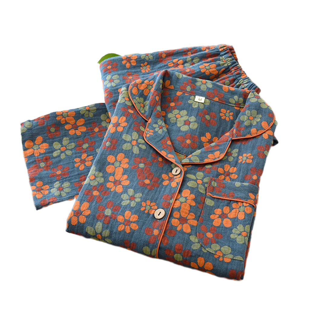 Women's Cotton Pajama Set with Daisy Pattern Blue