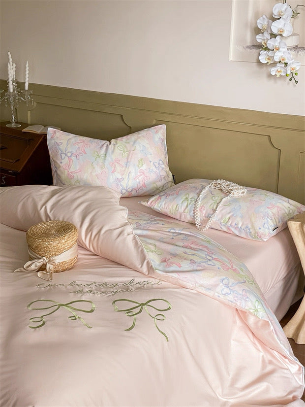 Yellow Coquette Embroidered Duvet Cover Set Pink
