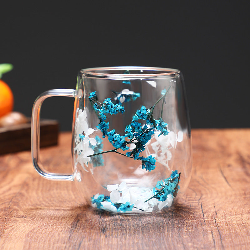 Dried Flower Glass Mug Double Wall Blue 8.5oz (250ml)