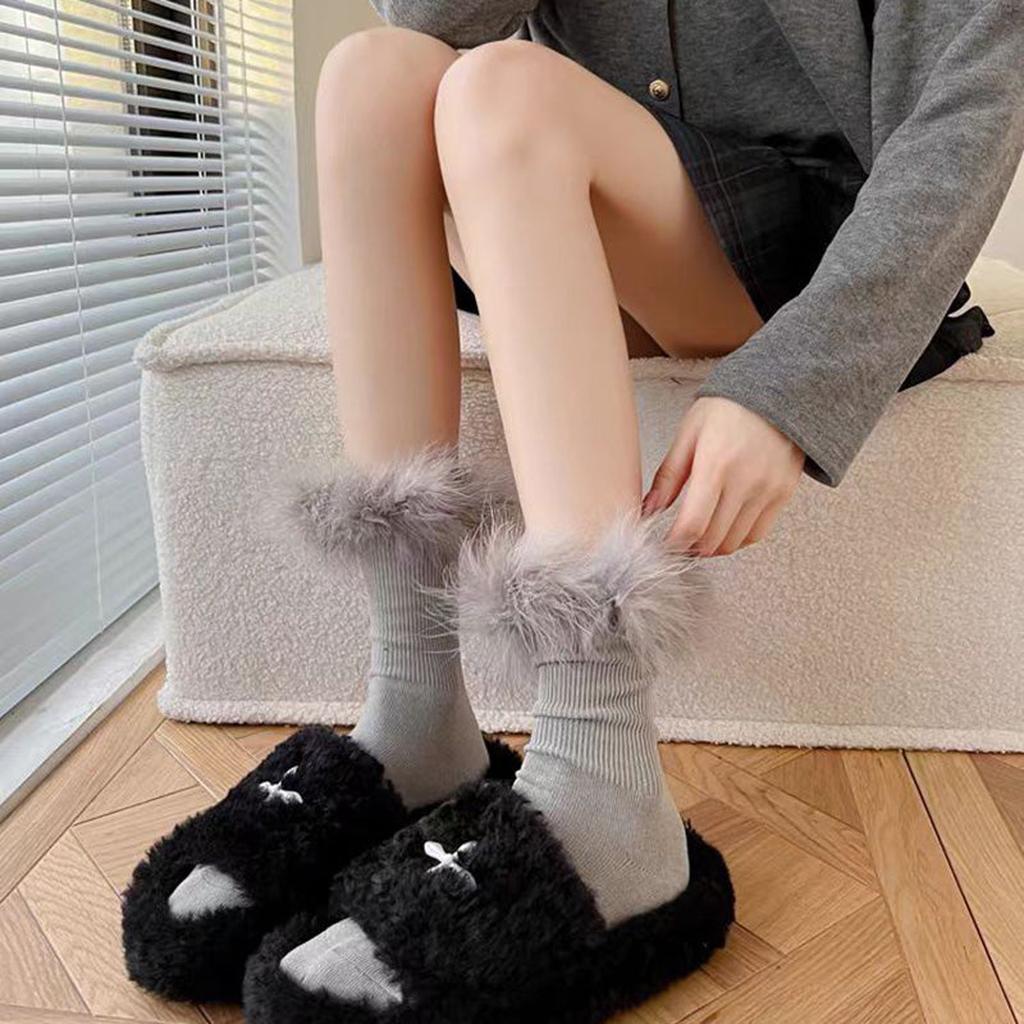 Faux Fur Crew Socks - Black