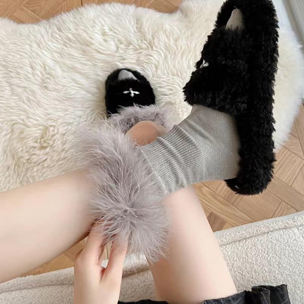 Faux Fur Crew Socks - Black