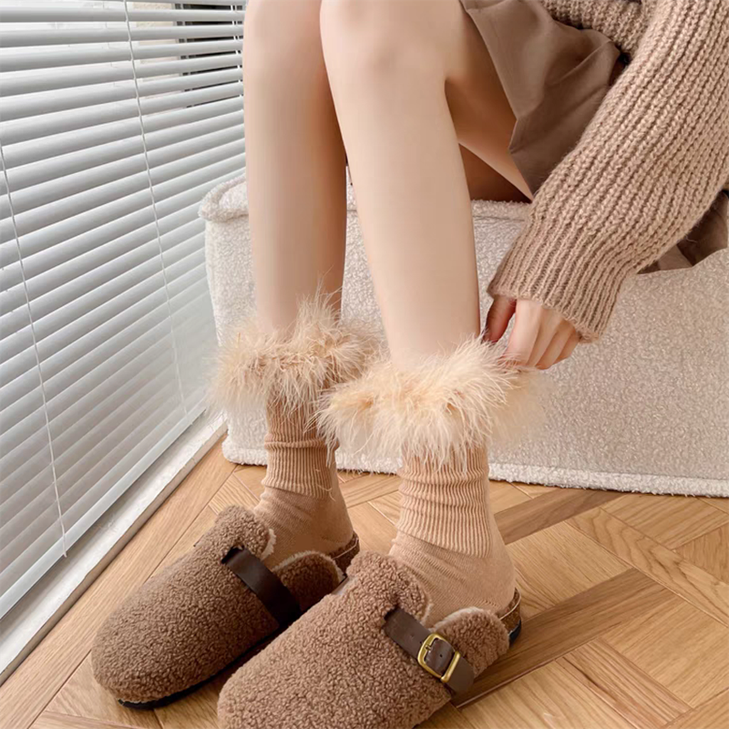 Faux Fur Crew Socks - Grey