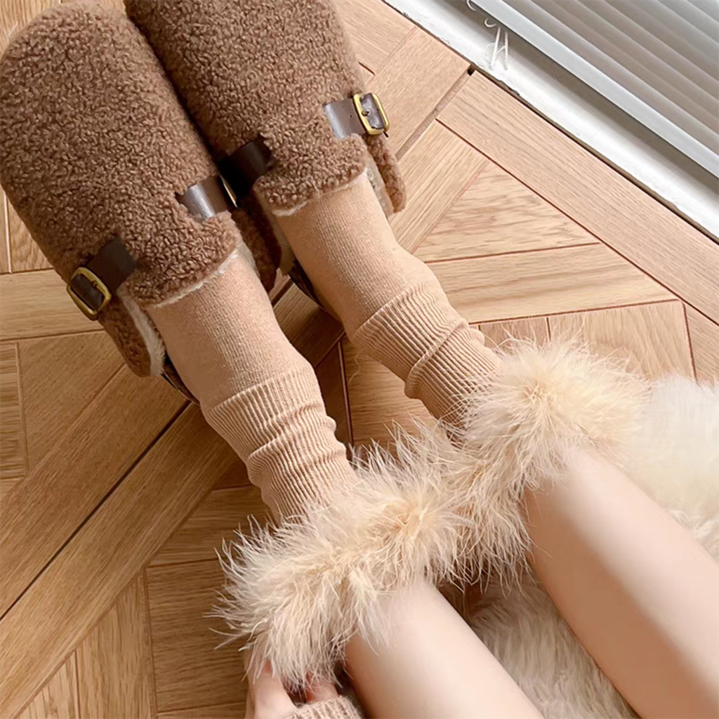 Faux Fur Crew Socks - Grey