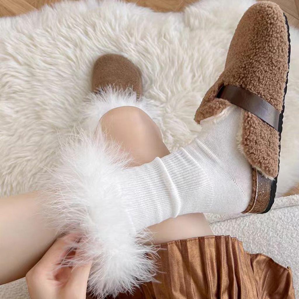 Faux Fur Crew Socks - Grey White