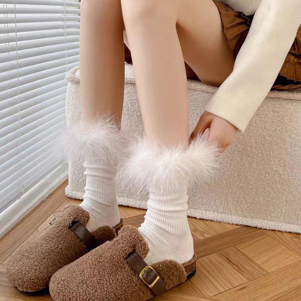 Faux Fur Crew Socks - White