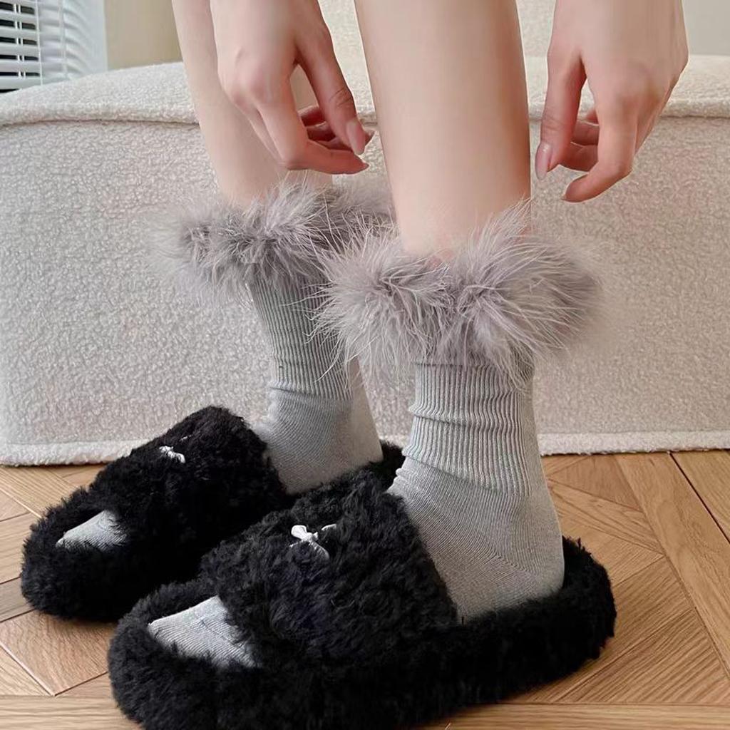 Faux Fur Crew Socks - White Grey