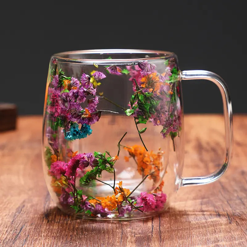 Dried Flower Glass Mug Double Wall Pink 13oz (390ml)