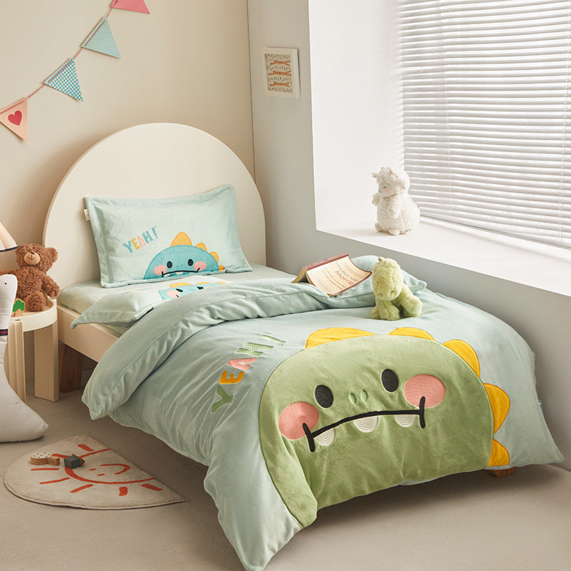Cute Flannel Kids Duvet Cover Set Dinosaur