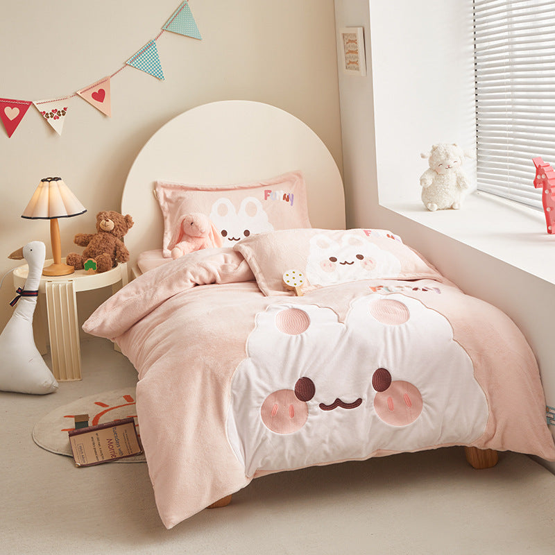 Cute Flannel Kids Duvet Cover Set Pink Bunny