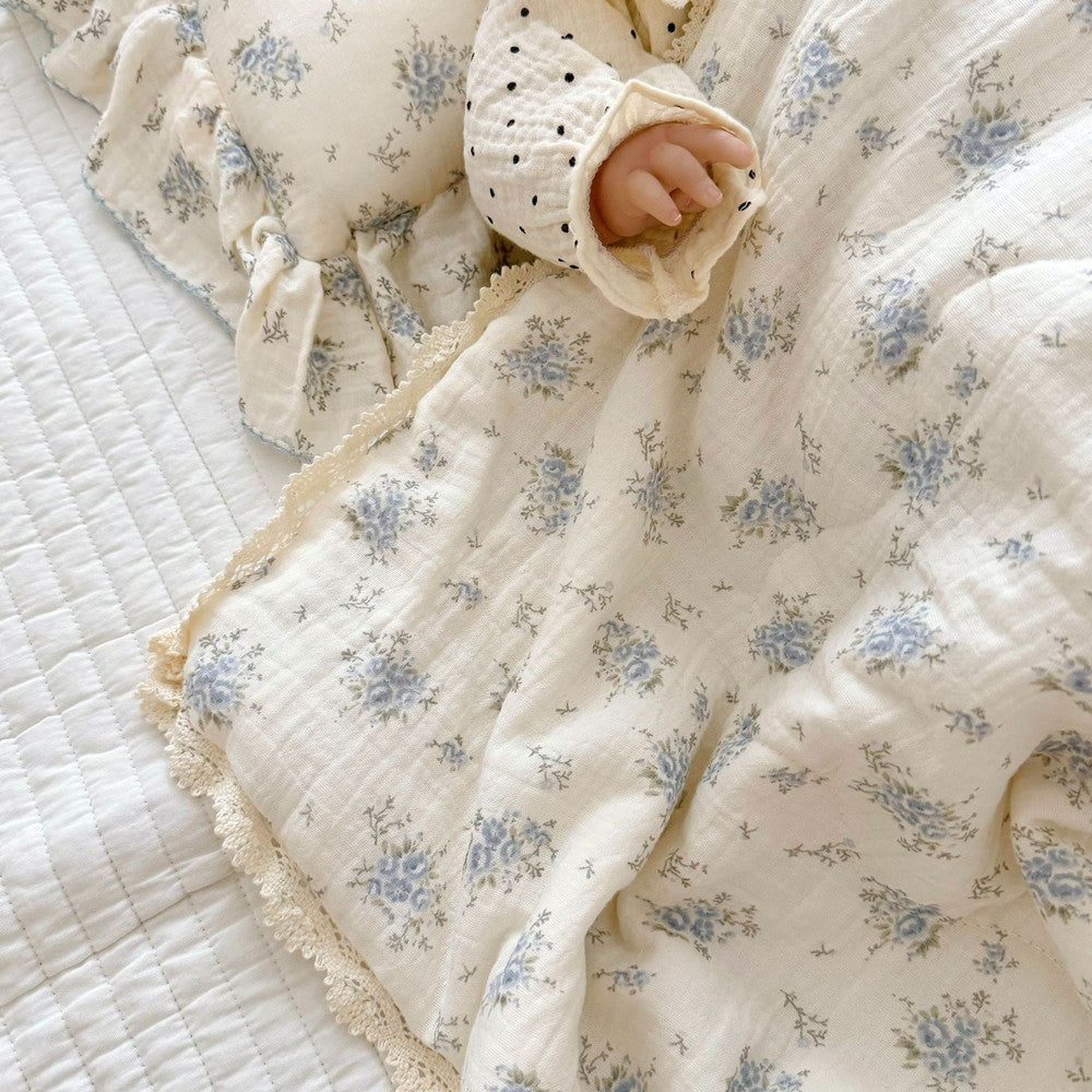 Blue Bouquet Toddler Comforter – Cotton Muslin with Lace Trim