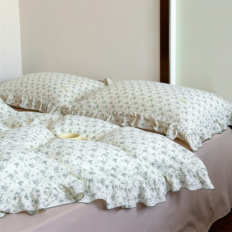 Green Floral Ruffle Bedding Set – Vintage Cotton Muslin