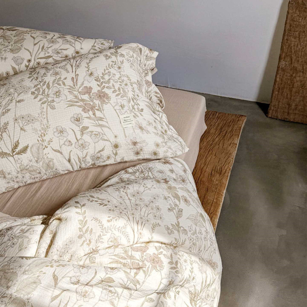 Floral Cotton Bedding Set – Reversible with Solid Back Taupe