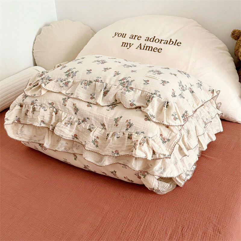 Vintage Floral Ruffle Bedding Set – Cotton Gauze Softness