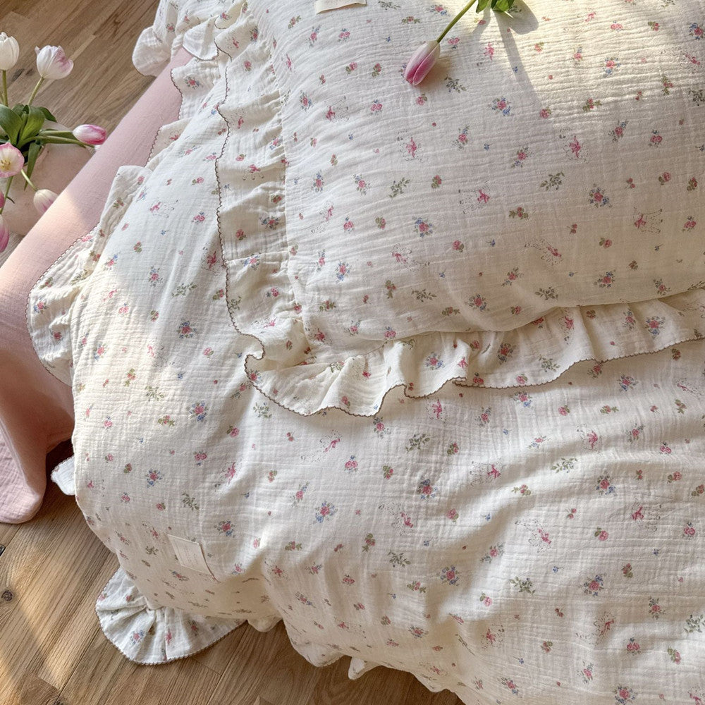 Pink Rose Floral Duvet Cover Set – Cotton with Ruffles