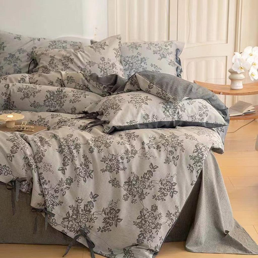 Floral Jacquard Bedding Set with Bow Tie - Dusty Blue Grey