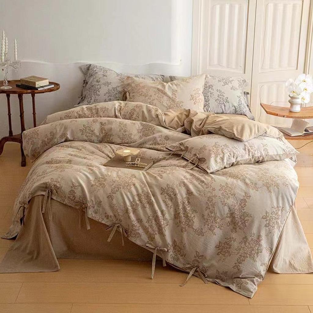 Floral Jacquard Bedding Set with Bow Tie - Grey