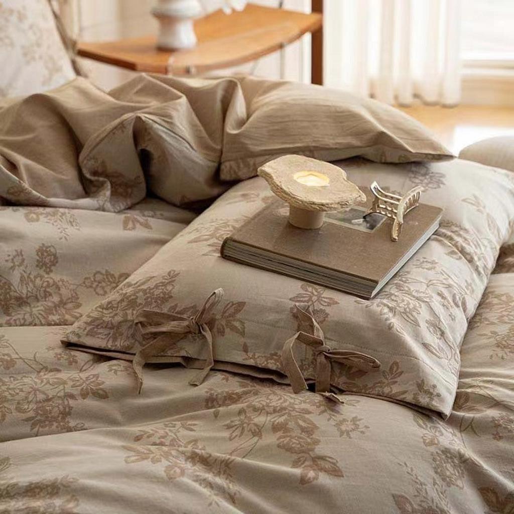 Floral Jacquard Bedding Set with Bow Tie - Grey