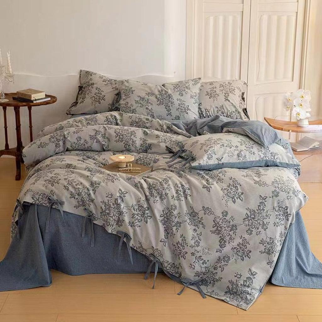 Floral Jacquard Bedding Set with Bow Tie - Grey