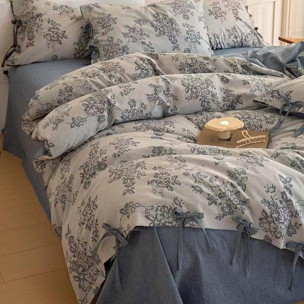 Floral Jacquard Bedding Set with Bow Tie - Grey Dusty Blue