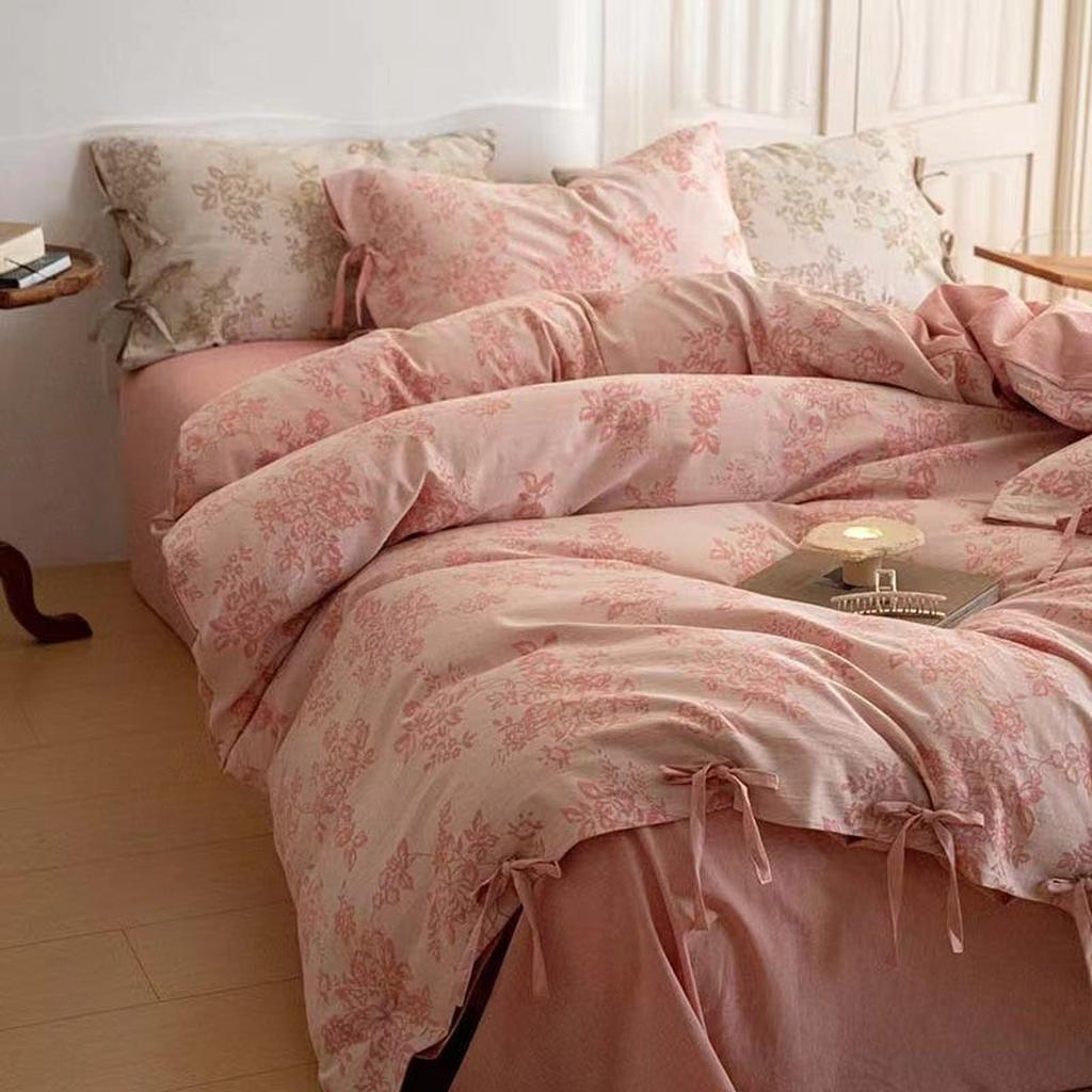 Floral Jacquard Bedding Set with Bow Tie - Grey Pink