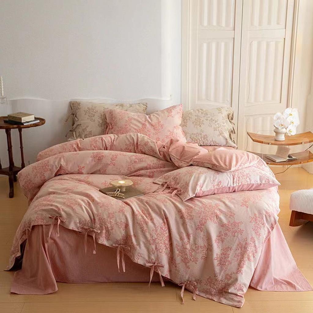 Floral Jacquard Bedding Set with Bow Tie - Khaki Pink