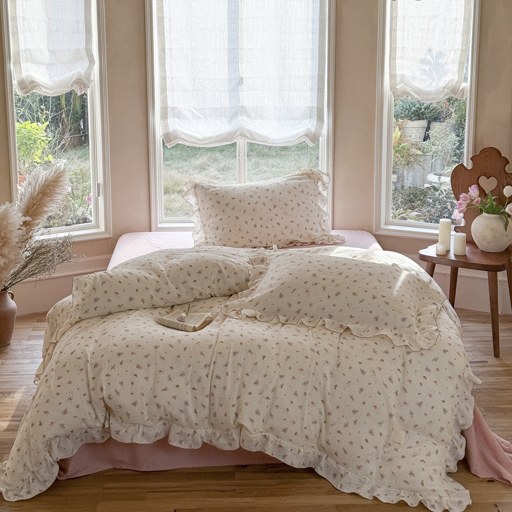 Pink Rose Floral Duvet Cover Set – Cotton with Ruffles