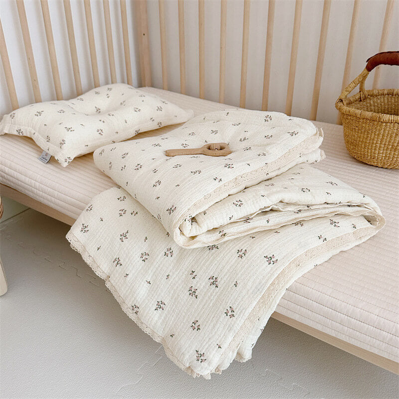 Primrose Floral Baby Quilt – Cotton Muslin with Lace Trim
