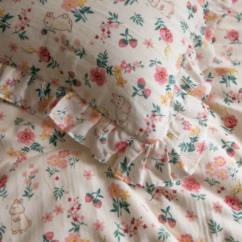 Floral Bunny Bedding Set — Cotton Gauze Kids Duvet Cover Set