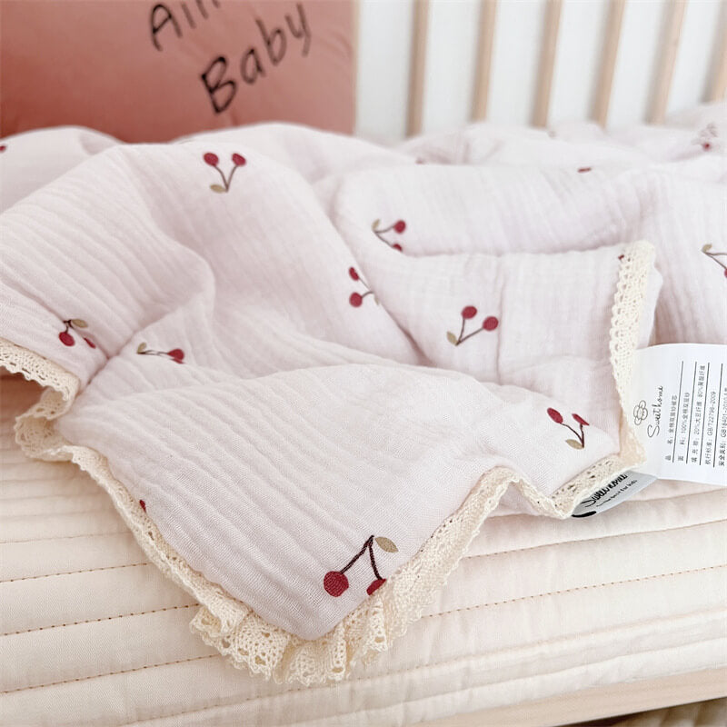 Cherry Baby Quilt – Cotton Muslin with Lace Trim