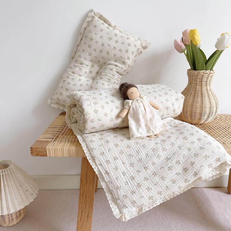 Soft Airy Floral Baby Quilt – Cotton Muslin with Lace Trim