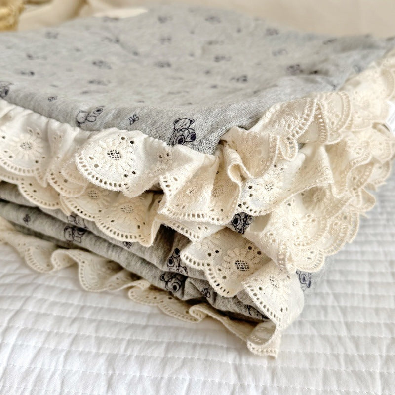 Grey Bear Baby Comforter – Cotton Jersey with Lace Trim
