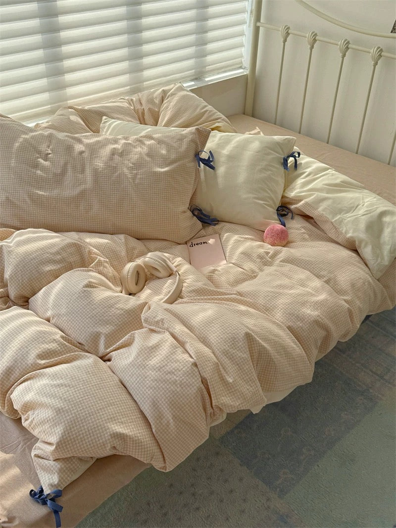 Cream Beige Gingham Duvet Cover Set