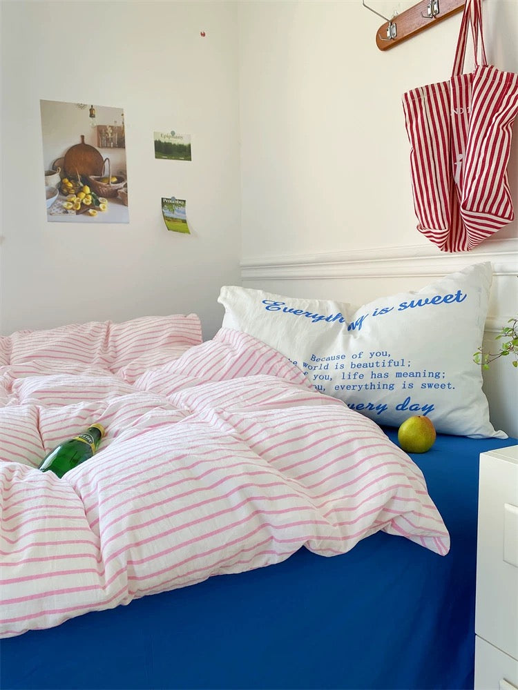 Pastel Pink & Blue Striped Duvet Cover Set