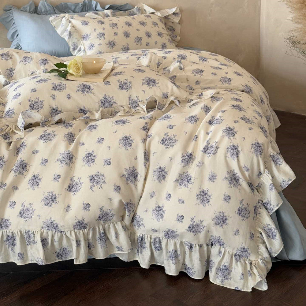 Dusty Blue Floral Bedding — Cotton Muslin Ruffle Trim Set
