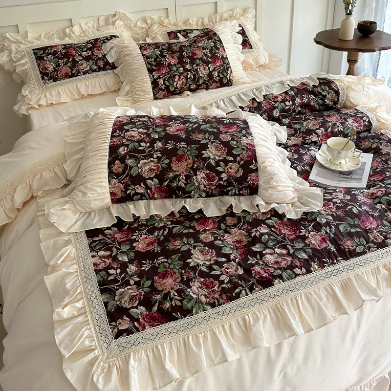 French Rose Cotton Bedding Set – Soft Ruffles & Lace