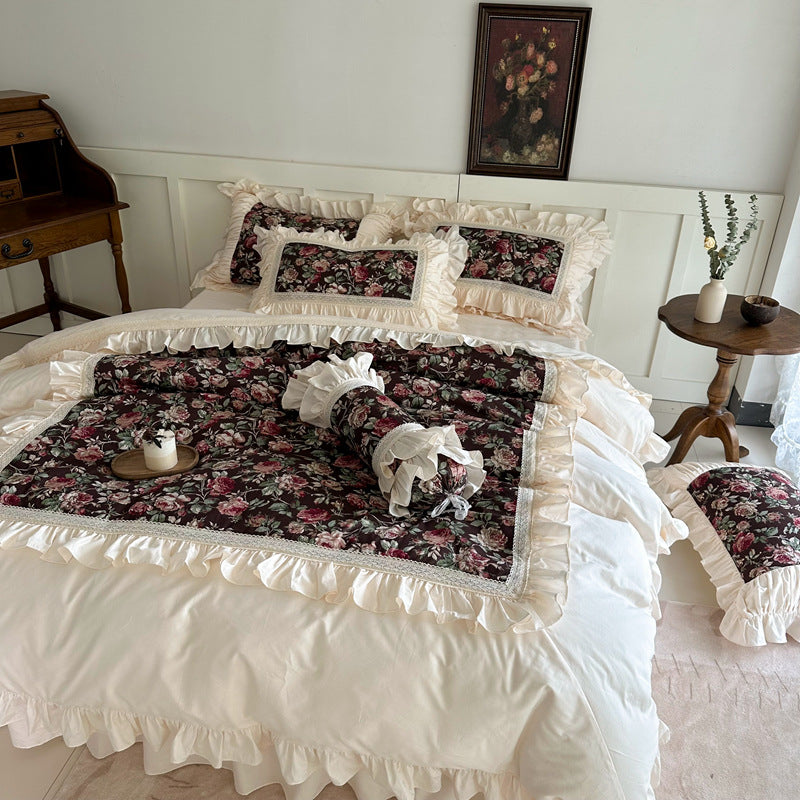 French Rose Cotton Bedding Set – Soft Ruffles & Lace
