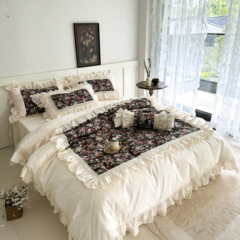French Rose Cotton Bedding Set – Soft Ruffles & Lace