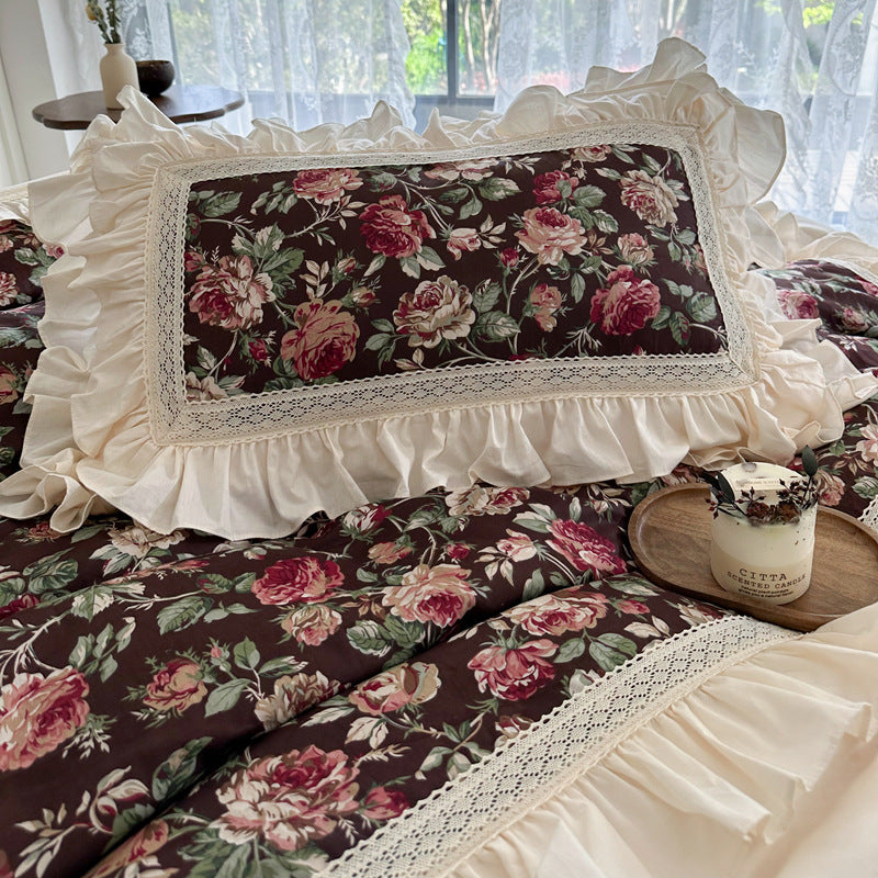 French Rose Cotton Bedding Set – Soft Ruffles & Lace