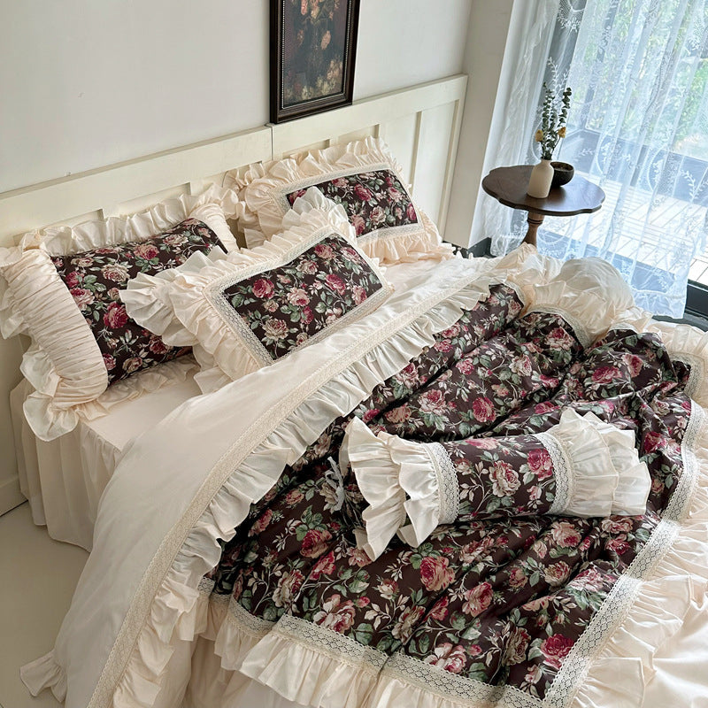French Rose Cotton Bedding Set – Soft Ruffles & Lace