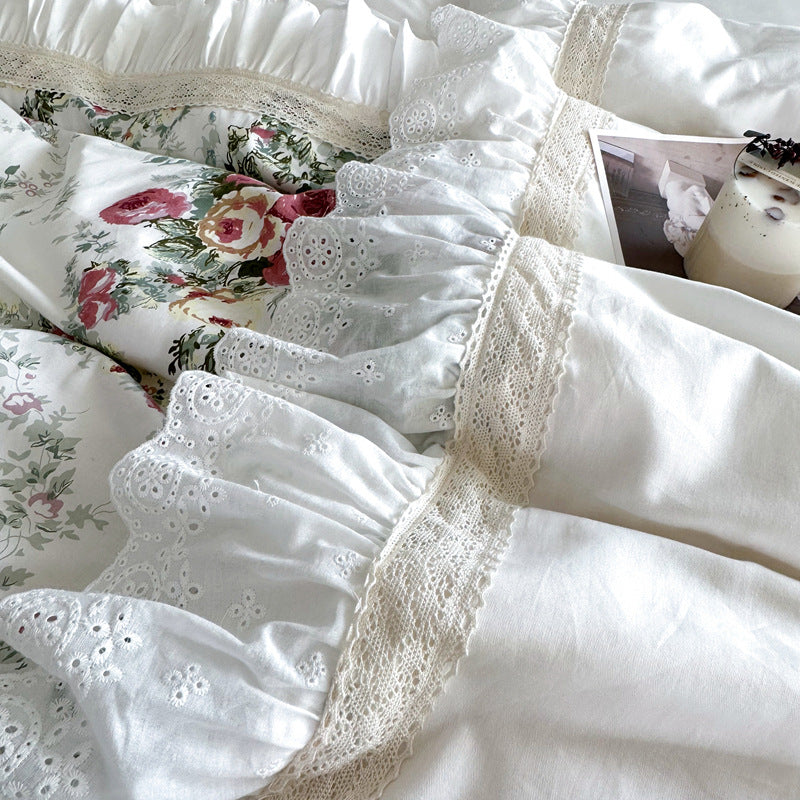 French Rose Cotton Bedding Set – Soft Ruffles & Lace